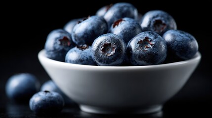 Blueberries in a large white bowl on a black background, high detail