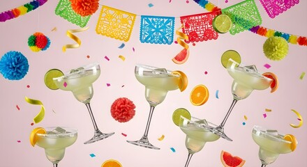 Festive margarita cocktails adorned with citrus and colorful decorations with confetti