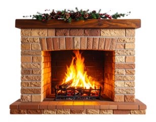 Cozy brick fireplace with a glowing fire, small festive garland and pinecones placed