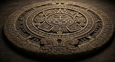 Obraz premium Ancient Aztec Calendar Stone: A detailed, close-up shot of an ancient Aztec calendar stone, showcasing intricate carvings, circular design, and historical significance.