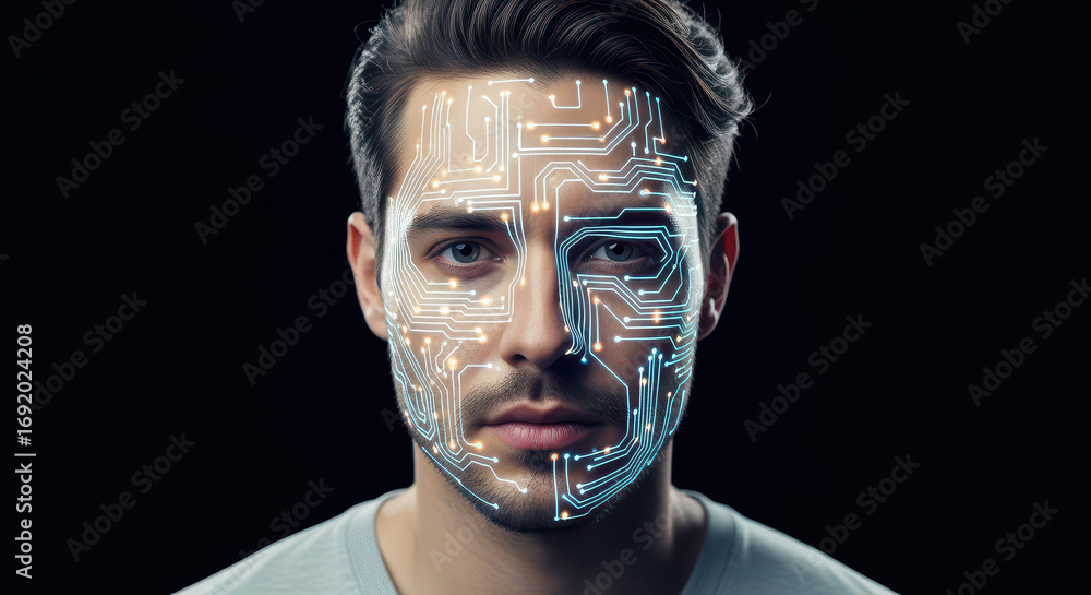 Poster cybernetic portrait: a thought-provoking visual of a man's face seamlessly merged with intricate cir