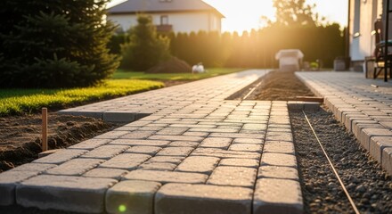 Pathway construction: A photograph showcasing the intricate process of laying brick pathways under a warm golden sunlight. The sun rays dance over the freshly laid brick pathway.