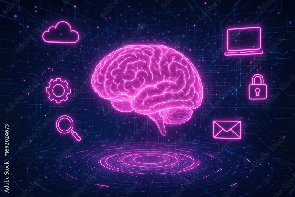 Poster digital brain: an illuminated, neon-like brain floats amidst an array of digital icons symbolizing t