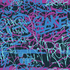 Graffiti seamless pattern with street art tag. Hip hop culture wallpaper. Calligraphic words, scuffed and sprays grunge urban texture. Fashionable design background in neon fluorescent colors. Vector 