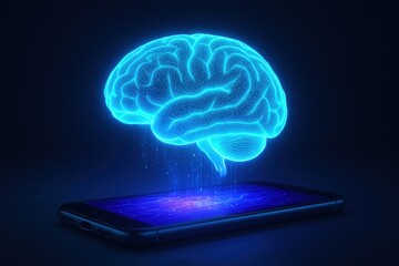 Digital Brain: A glowing blue holographic brain hovers above a sleek smartphone, symbolizing the fusion of technology and intellect, captured in a photorealistic digital render.