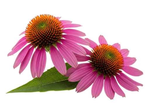 Macro close-up of two vibrant fuchsia-pink Echinacea coneflowers with spiky orange-brown centers and a green leaf on a transparent background with copy space, natural healing concept