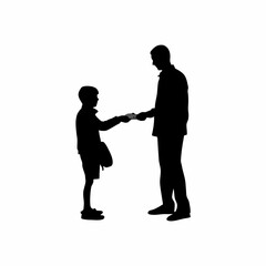 Silhouette of a boy serving tea and taking money from an office worker isolated on white background