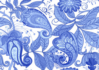 Fantasy flowers in retro, vintage, jacobean embroidery style. Seamless pattern, background. Vector illustration.