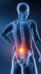 High resolution medical illustration of a man in an x-ray standing with one hand holding his lower back and experiencing pain.