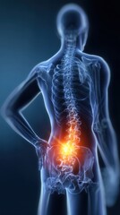 High resolution medical illustration of a man in an x-ray standing with one hand holding his lower back and experiencing pain.