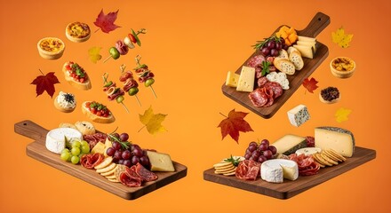 Obraz premium Two wooden boards laden with cheese charcuterie grapes and crackers with small quiches and bruschetta floating