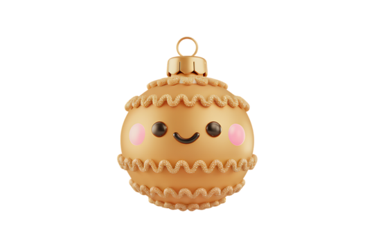 Adorable Golden Christmas Ornament with a Happy Smiling Face, Perfect for Festive Decorations Isolated on transparent background, cutout