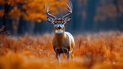 Photograph white-tailed deer standing field tall grass facing Majestic buck