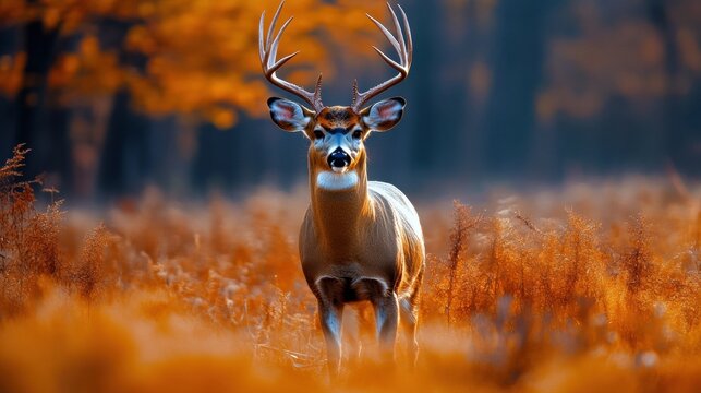 Photograph white-tailed deer standing field tall grass facing Majestic buck - Powered by Adobe
