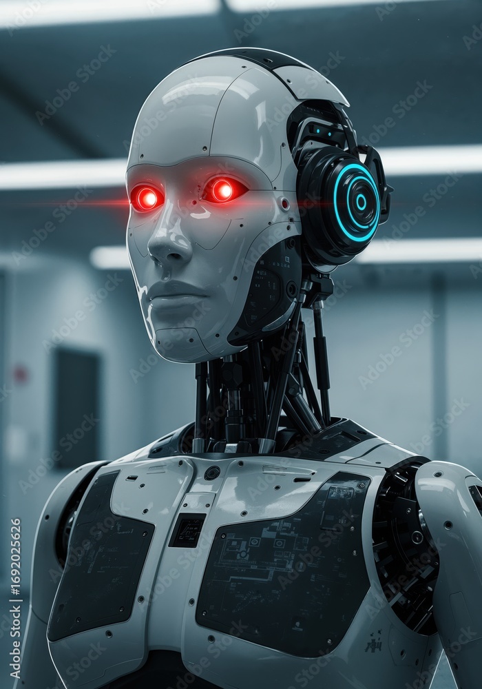 Poster futuristic android: a humanoid android stands poised against a backdrop of modern technology, with i