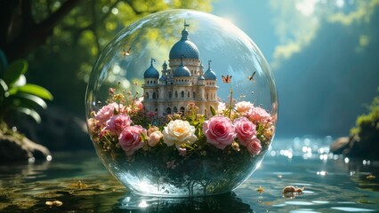 Spherical castle landscape on the water surface