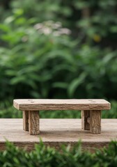 Fototapeta premium Rustic bench in garden: A rustic, wooden bench, perfectly weathered by time, is the focal point of this idyllic garden scene.