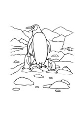 Wildlife Coloring Page – Penguin with Chicks in Nature