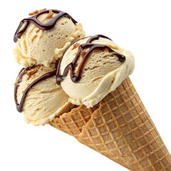 Creamy ice cream cone with two scoops and chocolate drizzle on transparent background for dessert branding and summer campaigns
