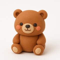 Fototapeta premium Cute brown teddy bear sitting on white surface, handmade from modeling clay, showcasing childhood innocence and playful creativity.