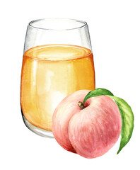 Glass of peach juice. Hand drawn watercolor illustration isolated on white background