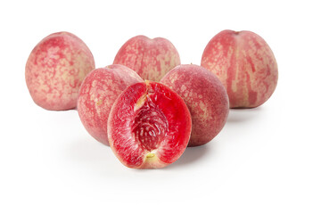 Fresh Red Flesh Peaches on White Background - Carmine Colored Stone Fruit