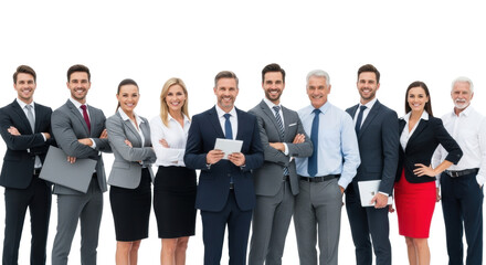 Obraz premium Diverse group of ten confident caucasian business professionals in formal attire, smiling, bright studio, white copy space background, concept of corporate diversity and success
