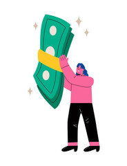 Business woman holding banknotes. Salary concept. Flat vector illustration isolated on white background