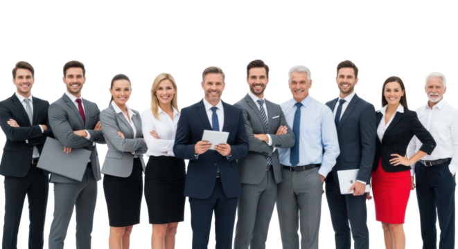 Diverse group of ten confident caucasian business professionals in formal attire, smiling, bright studio, white copy space background, concept of corporate diversity and success