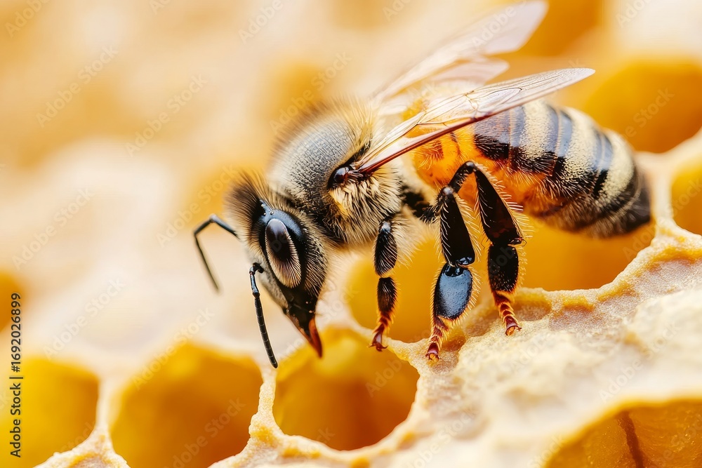 Poster close-up view of honeycomb structure, worker bee depositing fresh honey into hexagonal cell frame