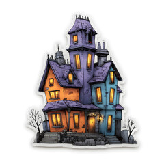 Naklejka premium Colorful haunted house with glowing windows during Halloween celebration
