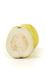 Fresh Guava Fruit Halves with Creamy White Flesh on White Background