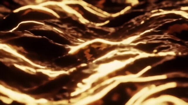 Golden waves shimmer in the dark, creating abstract patterns and mesmerizing movement with a liquid gold texture for luxury branding and visuals