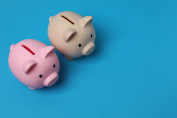 piggy bank, money dollars euros on a blue background
