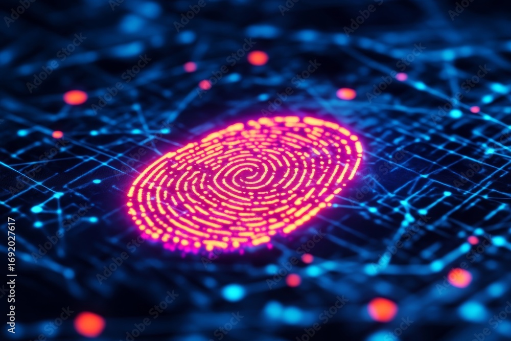 Aufkleber cybersecurity and digital access biometric fingerprint authentication in blurred cyber space