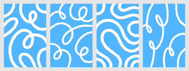 Winter new year abstract backgrounds set. Twisted spiral serpentine groovy lines, curved swirling stripes, waves vector patterns. Doodle, uneven edge snowy hand drawn organic winding squiggles. 