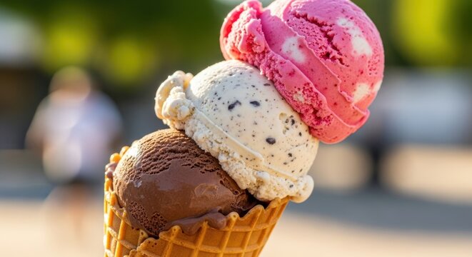 Three scoops of delicious ice cream in a waffle cone on a sunny day. - Powered by Adobe