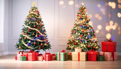 Two Christmas trees decorated with ornaments and lights, surrounded by presents