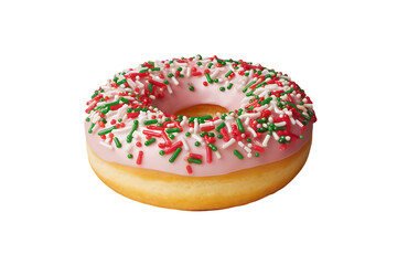 A Delightful Pink Donut Adorned with Festive Red, Green, and White Sprinkles, Perfect for Holiday Celebrations isolated on transparent background	