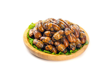 Cooked Cicadas on Wooden Plate - Traditional Asian Insect Cuisine Delicacy