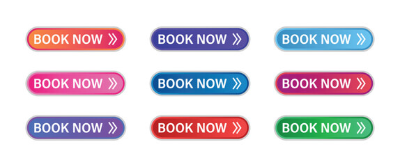 Book Now Buttons Collection, Gradient CTA Badges, UI Web Buttons, Reservation Labels, Clickable Booking Tags, App and Website Call to Action Elements