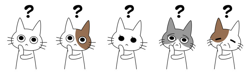疑問、考え中、困惑を表現する、5匹の異なる猫のキャラクター