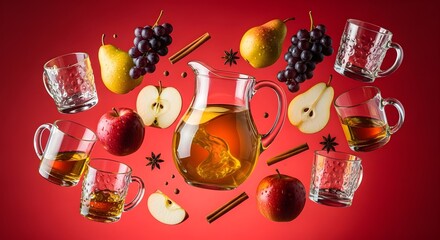 Floating apples pears grapes cinnamon star anise and filled glasses with amber liquid on a red