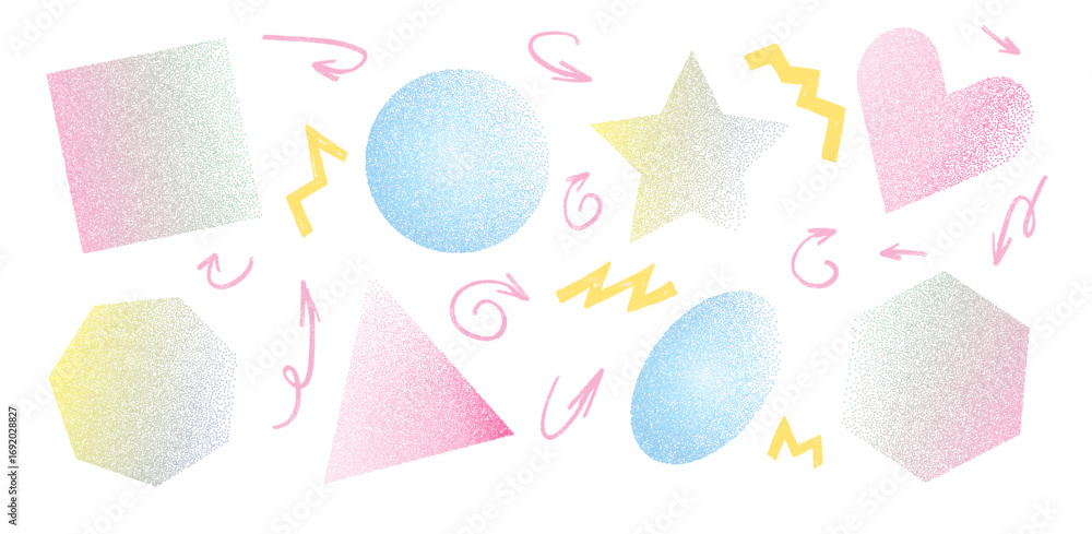 Aufkleber soft colors grainy gradation geometric figures. noise gradient geometry shapes set. blurry dots tran