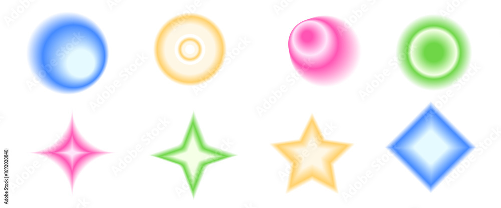 Poster blur gradient geometric shape set. y2k retro circles with sparkles forms. colorful rounds and star i