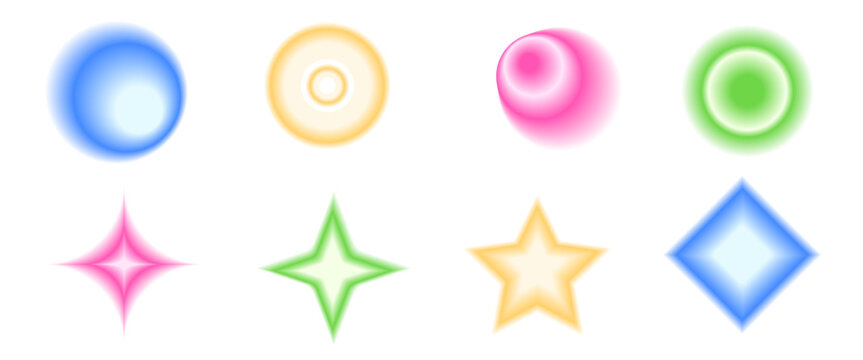 Blur gradient geometric shape set. Y2k retro circles with sparkles forms. Colorful rounds and star icons on white background. Trendy effect with blurry texture. Vector illustration.