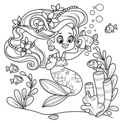 Cute little mermaid girl with lush long hair speaks to fish nearby outlined for coloring page isolated on white background