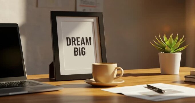 Inspiring workspace with motivational quote and coffee