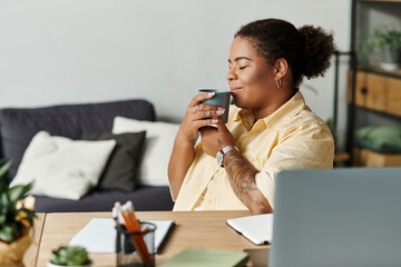 Working from home in comfort while savoring a warm drink during a productive day