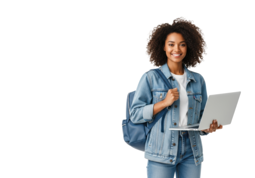 A young mixed-race woman with dark curly hair smiles confidently, wearing a denim jacket and holding a laptop, against a transparent studio background with copy space, concept of modern technology
